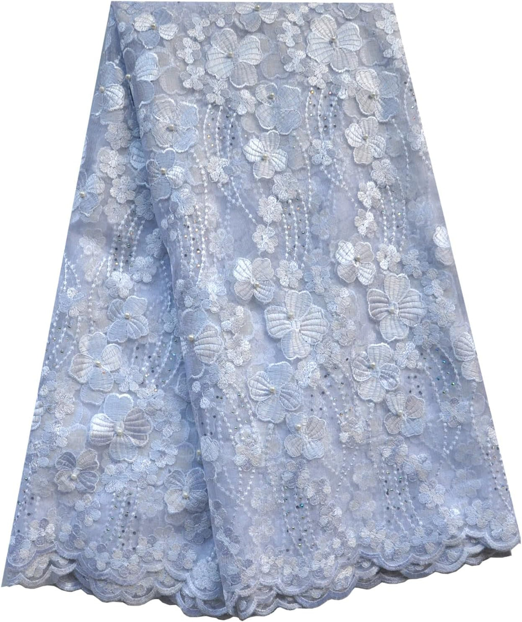 African Lace Fabric 5 Yards Beading Rhinestones for Dress (Bluish White)