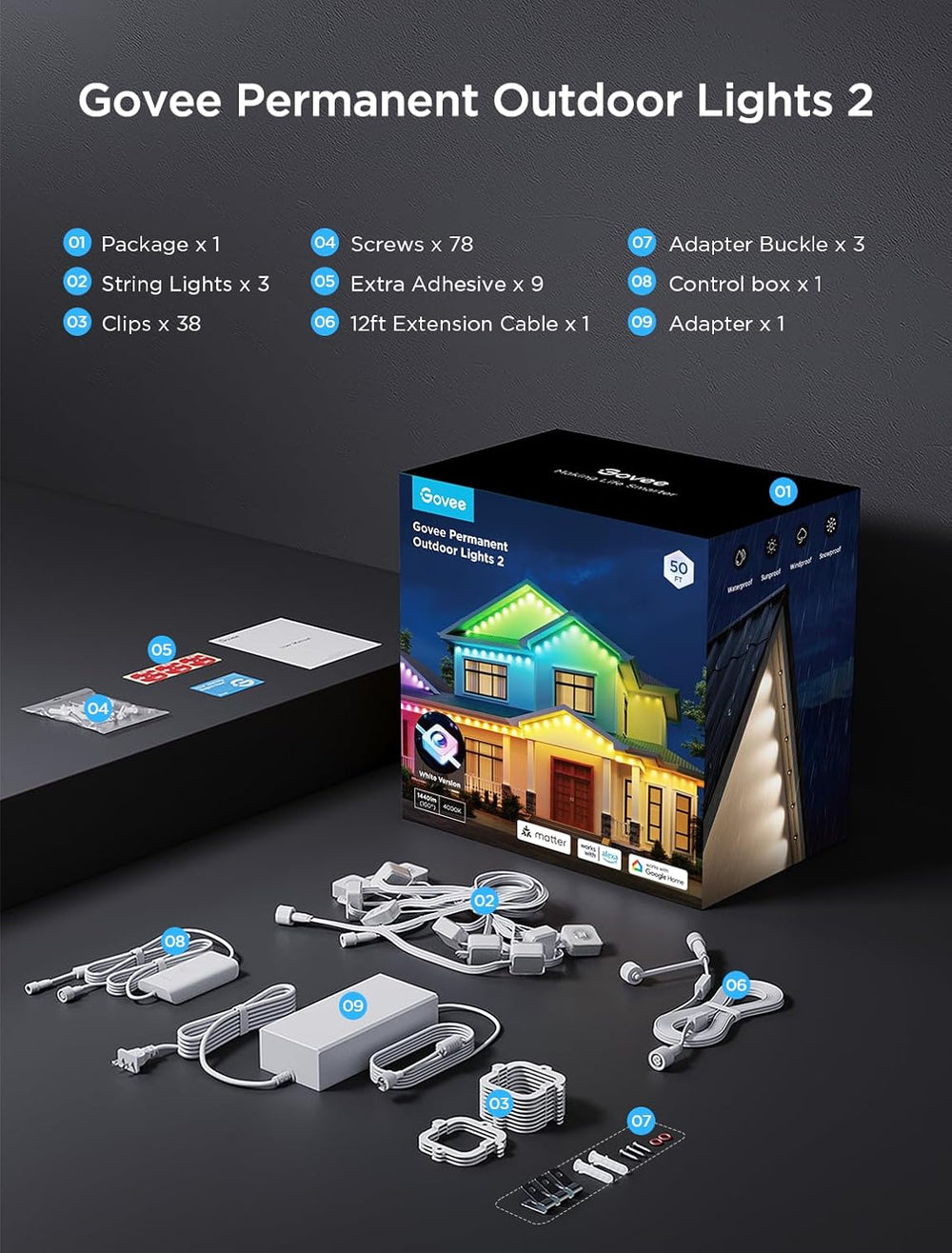 Govee Permanent Outdoor Lights 2, 50ft RGBIC Outdoor Lights with 100 Modes