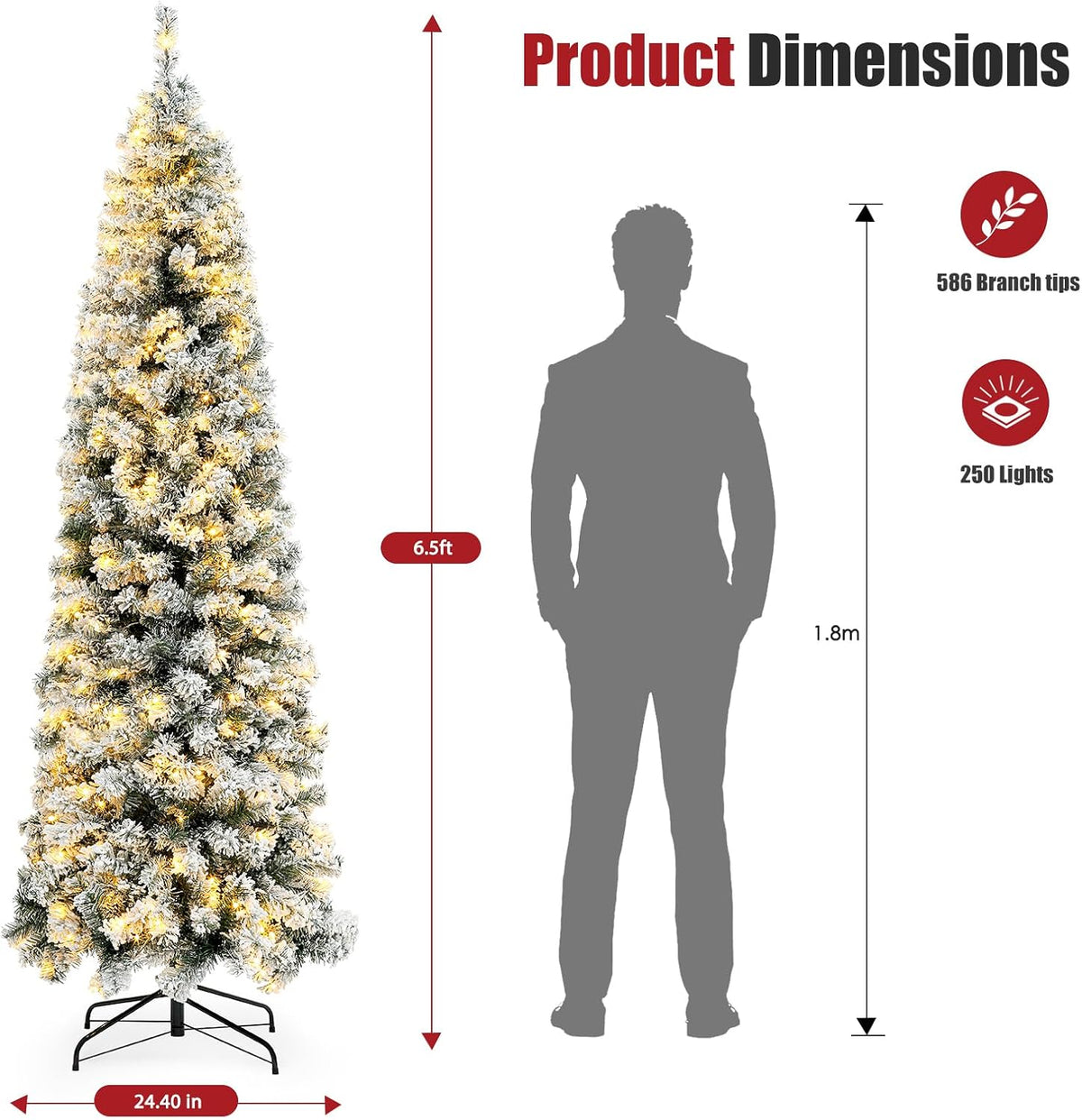 Okicoler Pre-Lit Snow Flocked Artificial Holiday Pencil Slim Christmas Tree with Warm Lights and Metal Base Stand for Home, Office, Party Decoration,White (6.5ft)