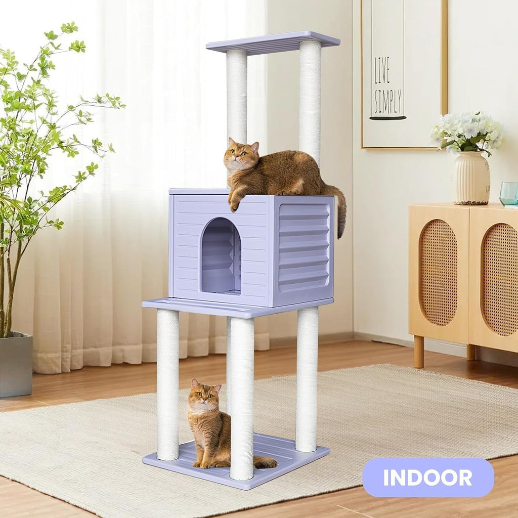 61in Weatherproof Large Cat Condo with Scratch Post for Indoor&Outdoor Cats