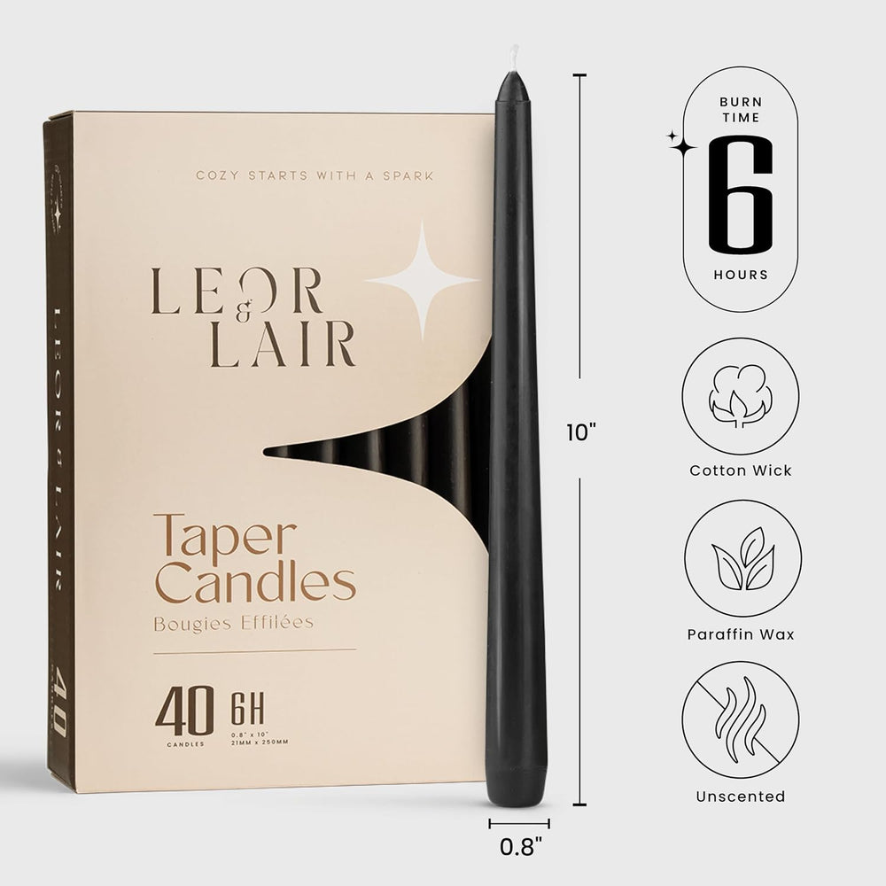 Leor & Lair Black Taper Candles, 40 Pack, 10 Inch Bulk Candlesticks
