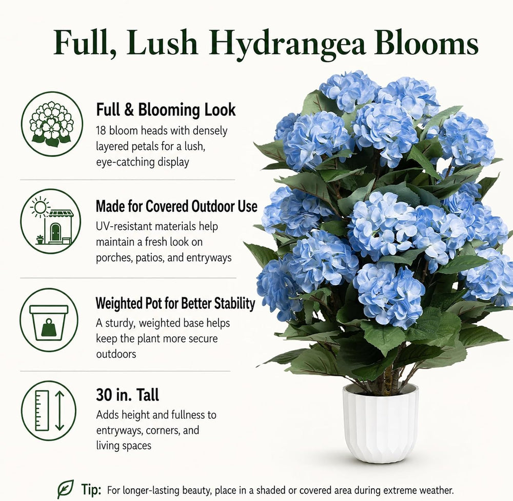 Hydrangea Artificial Flowers, 2 Pack 30in Blue Potted Plants, UV Resistant