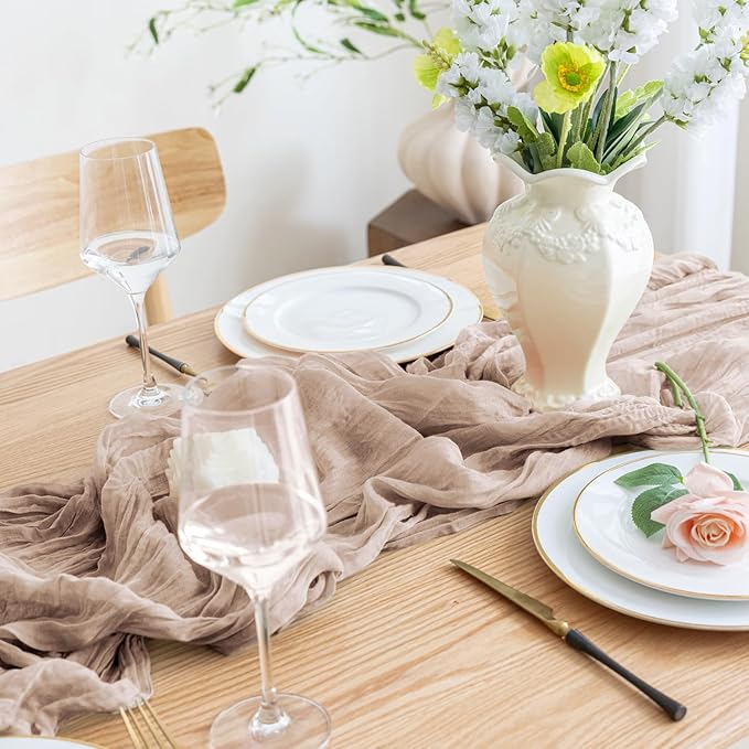 Asee'm 6pcs Cheesecloth Table Runner 120 Inches Long Nude Pink Boho Gauze Cheese Cloth Runner 10FT Rustic Sheer Table Runners for Christmas Wedding Party Baby Shower Spring Easter Decoration