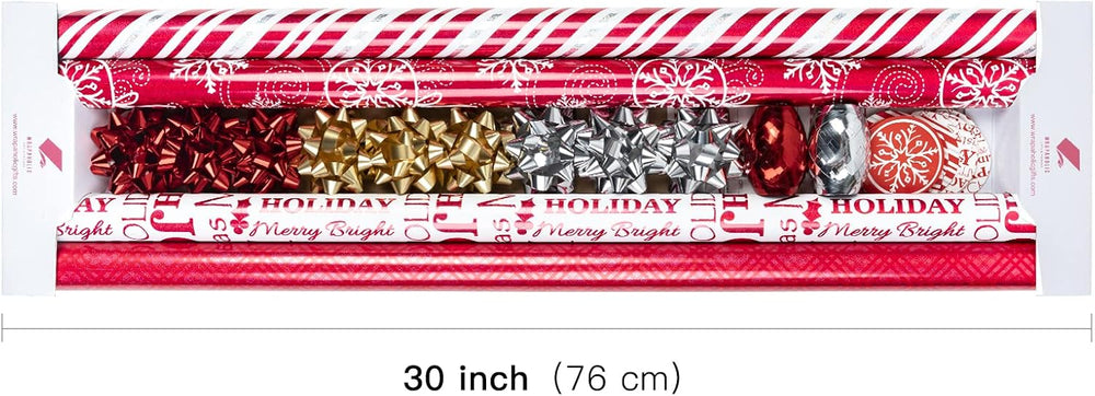 WRAPAHOLIC Christmas Wrapping Paper Set - Red and White Metallic Foil Shine C...