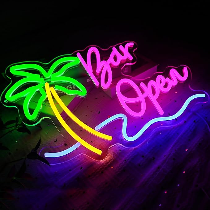 Bar Open Sign for Business, Neon Open Sign, USB Dimmable Palm Tree Neon Lights for Beer Bar Coffee Cafe Home Pub Man Cave Stores Hotel Party Window Wall Decor Restaurant