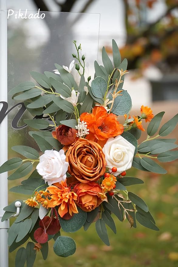 Faux Flower Swag Set of 2 for Wedding Welcome Signs Floral Swag Wedding Reception Ceremony Signs Decor (Orange)