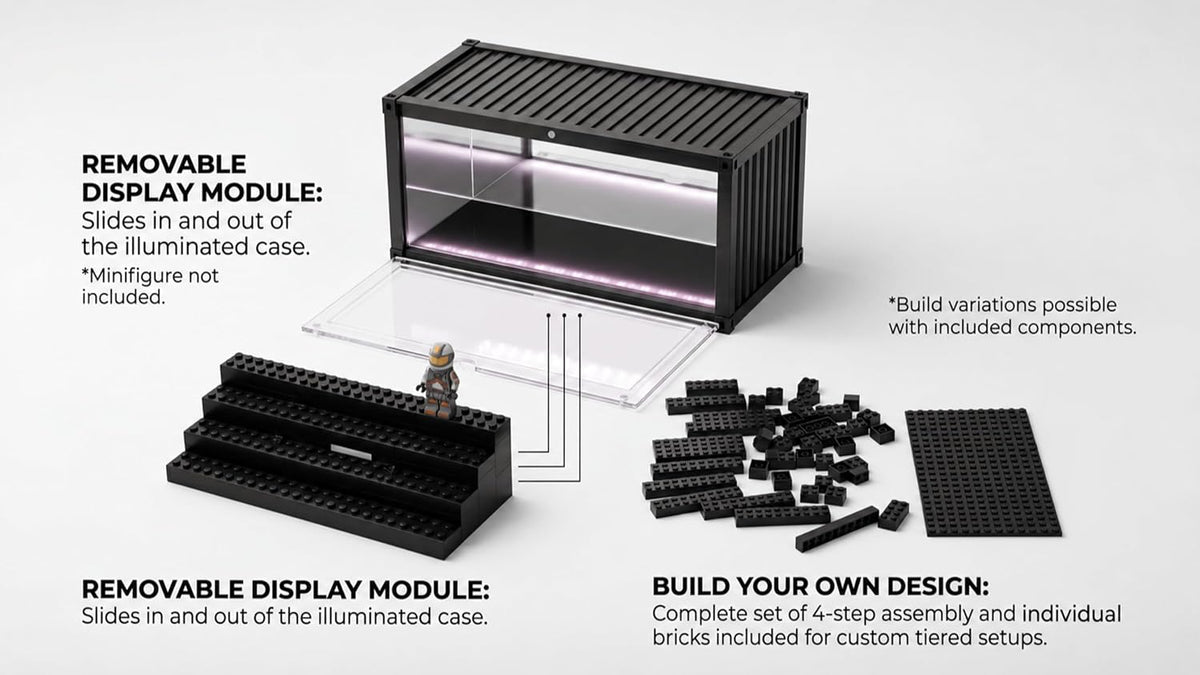 Minifigure Display Case with Light & 5-Tier Removable Modular Display Steps