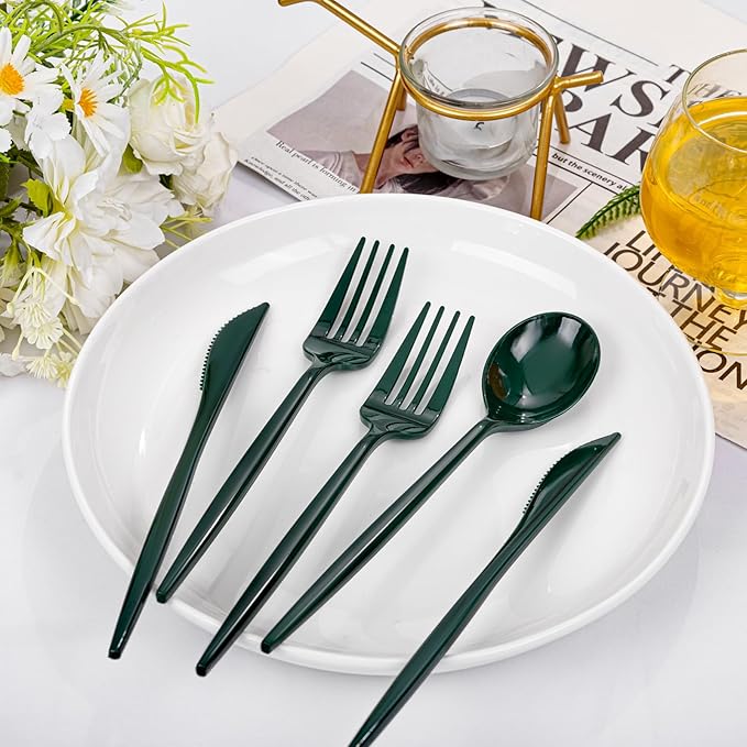 PULOTE 150PCS Green Plastic Silverware - Plastic Cutlery Set Disposable - Green Plastic Utensils Include 50 Forks, 50 Spoons, 50 Knives for Party&Christmas