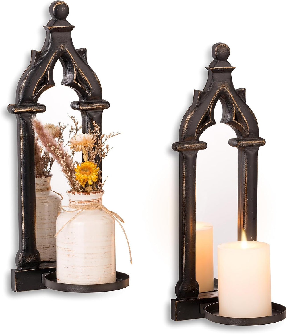 Black Gothic Candle Sconces Set of 2 with Real Mirror