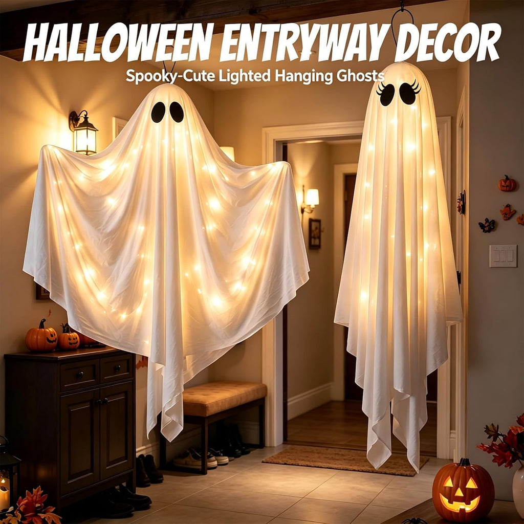 2 Pack 47.25" Light Up Hanging Ghost Halloween Decorations Outdoor Indoor