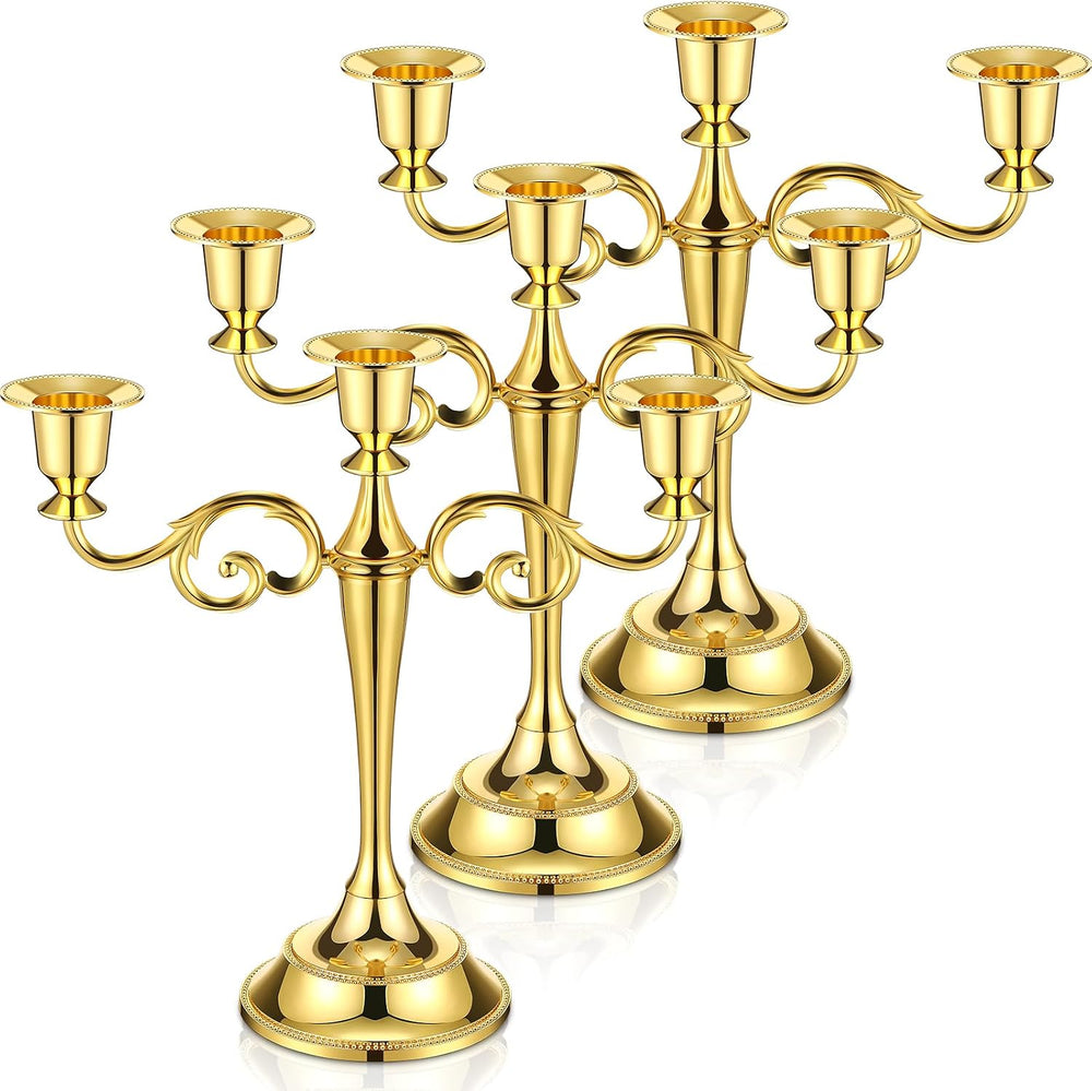 Dandat 3 Pcs 3 Arm Metal Candelabra Candle Holder, Classic, 10", Gold