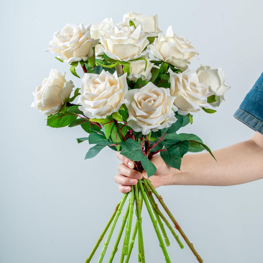 12PCS Artificial Roses with Stems, Realistic White Fake Roses, Silk Rose Flow...
