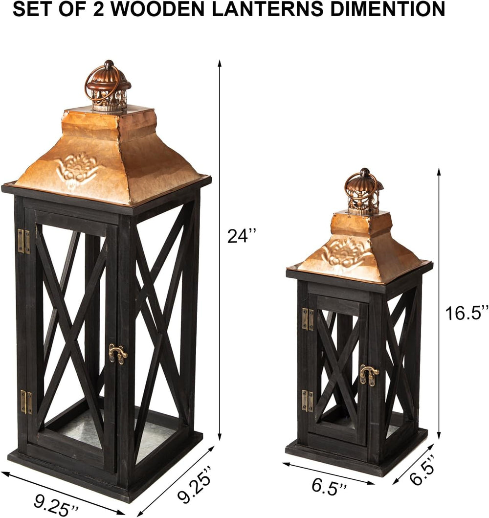 Large Farmhouse Wooden Lanterns with Metal Top, Decorative Floor Lanterns Set...