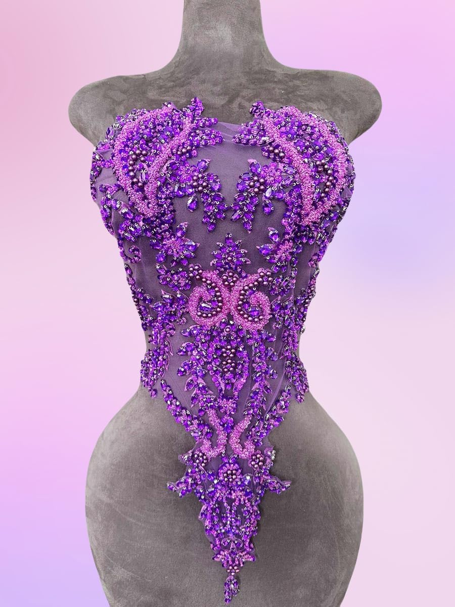 Handmade Rhinestones Lace Bodice Applique Sew on Beads Sequins Trimming Patch...