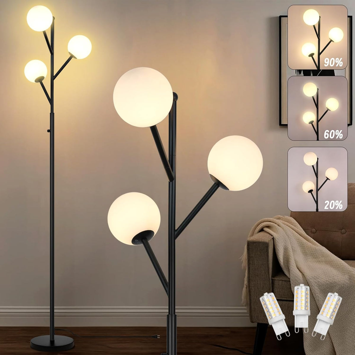 Ldeco 3-Globe Mid Century Black Tree Floor Lamp for Living Room,70in Tall Modern Stepless Dimmable Standing Lamp with Frosted Glass Shade for Office Bedroom, Study Room Bulbs Included(dimmer-Black)