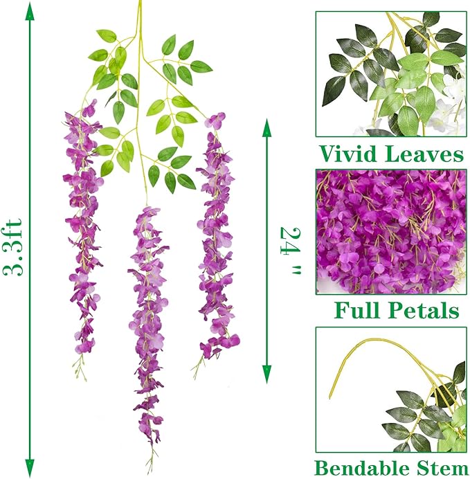 24 Pack Artificial Fake Wisteria Vine Ratta (3.75 Feet) Hanging Garland Silk Flowers String Home Party Wedding Decor(Purple)