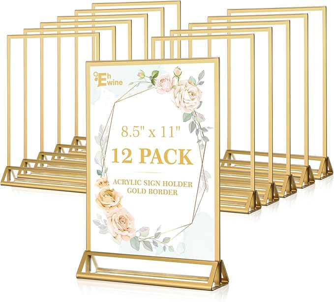 EHWINE 12 Pack Acrylic Sign Holder 8.5 x 11, Double Sided Gold Picture Frame Stand up Table Top Sign Holders, Clear Display Stand Menu Flyer Holder for Wedding Party (Provide Non-slip Mats)