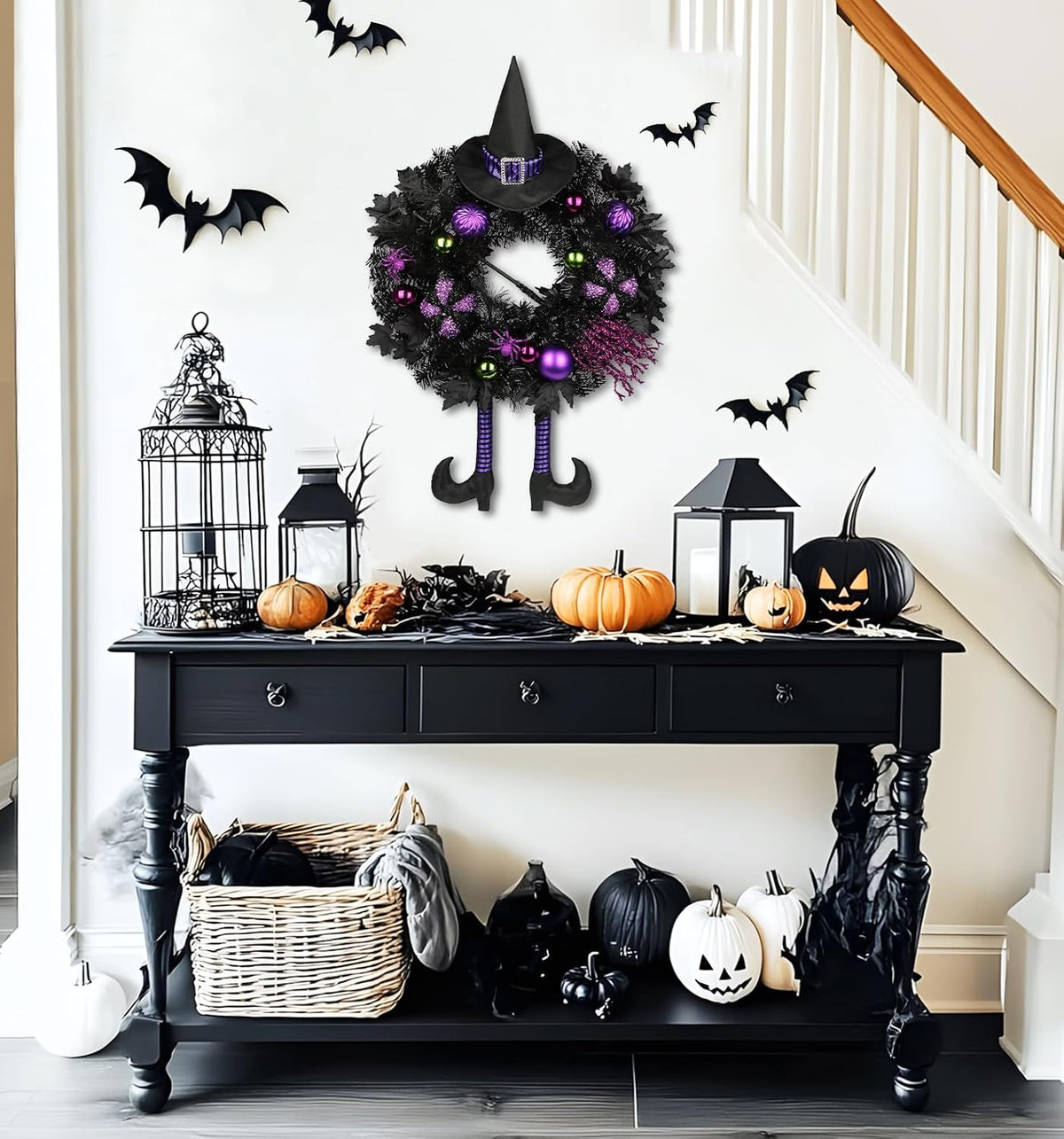 halloween wreath for front door 26" tinsel black showing dimensions