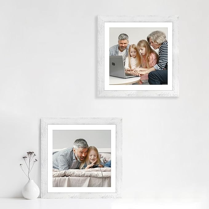 12x12 Picture Frame Set of 4 with Tempered Glass, Display 10x10 Pictures with Mat or 12 x 12 Without Mat, Wooden Photo Frames for Tabletop Display and Wall Mounting