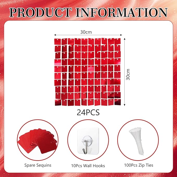 24PCS Red Shimmer Wall Backdrop, Square Sequin Backdrops Panel, Glitter Wall Background for Birthdays, Weddings, Christmas, Engagements, Disco Bachelorette Party Decoration (4FTx6FT)