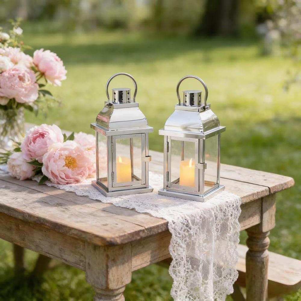 Set of 2 Decorative Metal Candle Lantern 10'' High(Silver)