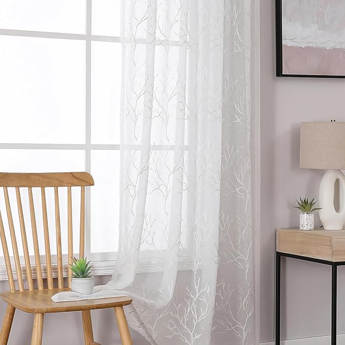 VISIONTEX Sheer Curtains 72 inch Length 2 Panels Set, Decorative Beige Coral Embroidery, Rod Pocket Embroidered Window Drapes for Living Room and Bedroom, 54" x 72"