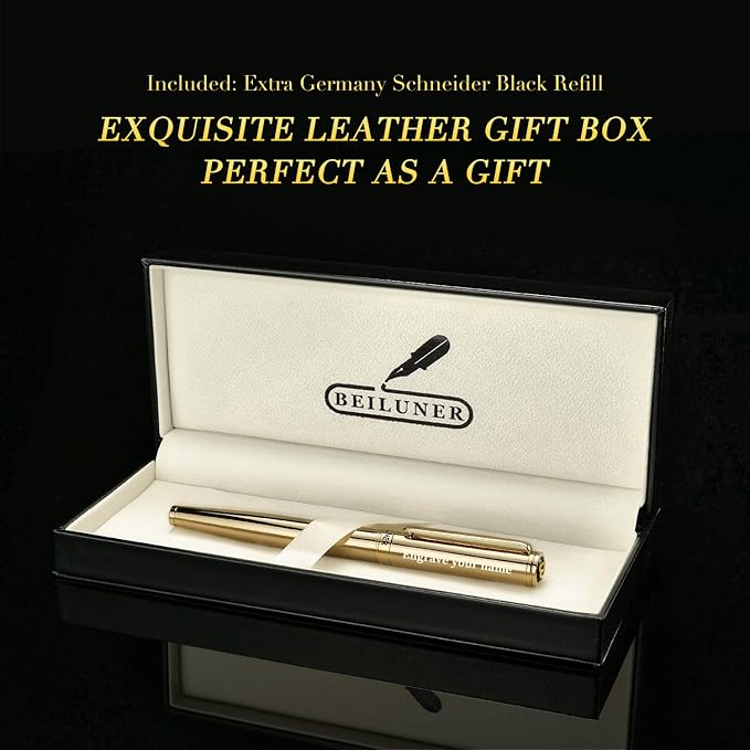 BEILUNER Gold Personalized Fountain Pen,Stunning Luxury Surface,24K Gilded Nib(Fine),Gorgeous 24K Gold Finish, Ink Converter,Fancy Gift for Men&Women-Elegant, Graduation,Office Pens for Writing