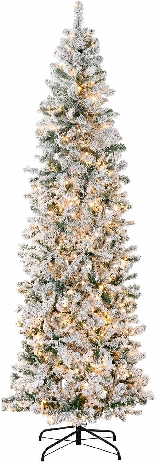 Best Choice Products 4.5ft Flocked Pencil Christmas Tree w/Twinkling LEDs, Pre-Lit Slim Artificial Holiday Decoration, Lighted Skinny w/Base, 150 Lights, 268 Tips, Warm White Lights