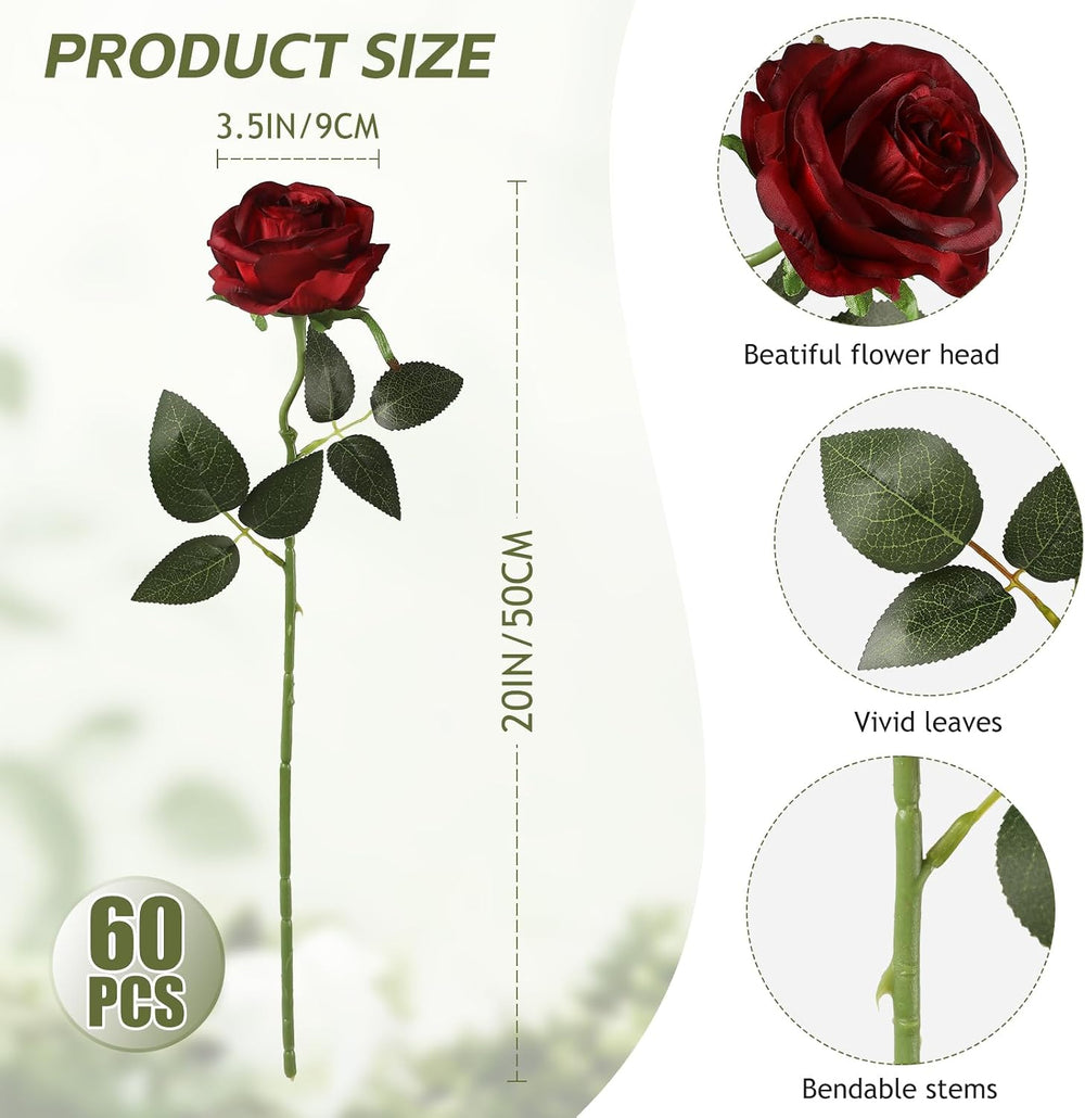 Kisflower 60 Pcs Burgundy Roses Artificial Flowers Bulk, Maroon Flowers Artif...