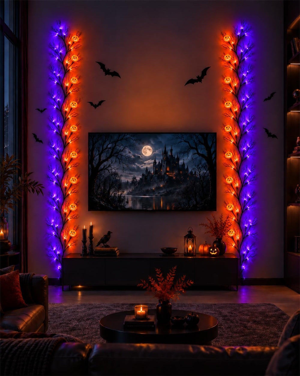 Halloween Twig Garland Decoration with 66 Purple and Orange LED Lights,9 FT