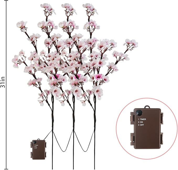 Uieke 3PCS Lighted Cherry Blossom Branches, 30in Artificial Cherry Blossom Flowers with 60 LED Lights Timer Battery Operated Lighted Twig Branches for Vases Wedding Party Home Indoor Decor