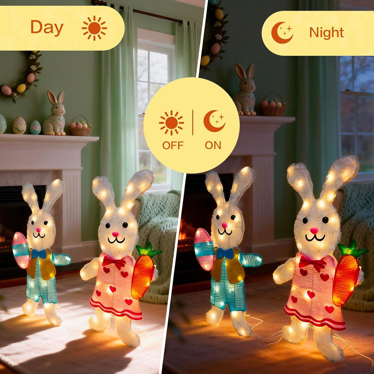 2 Pcs Outdoor Easter Decorations Lighted Bunny with 60 LEDs Warm White Lights, Easy Assembly 2D Easter Decor for Outdoor, Garden, Lawn, Patio