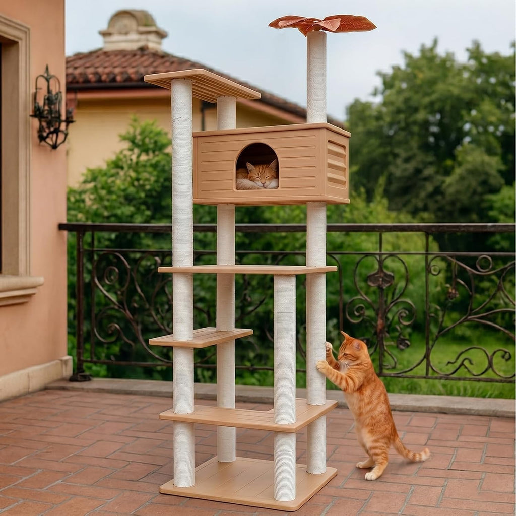74.8in weatherproof cat tree tower with scratching post shown in use
