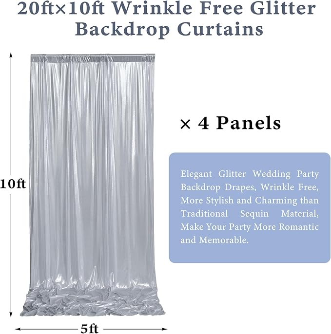 Outpain Thick 20 ft x 10 ft Silver Sequin Backdrop Curtain for Parties, Wrinkle Free Glitter Photo Backdrop Drapes 4 Panels 5x10ft Silver Back Drop Cloth for Wedding Christmas Photography Background