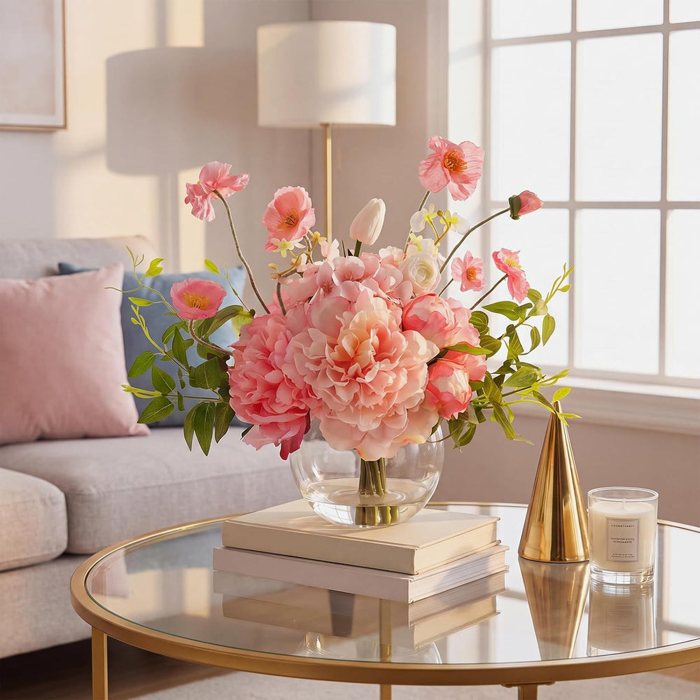 Peonies Artificial Flowers in Vase, Pink Artificial Flowers with Faux Water, ...
