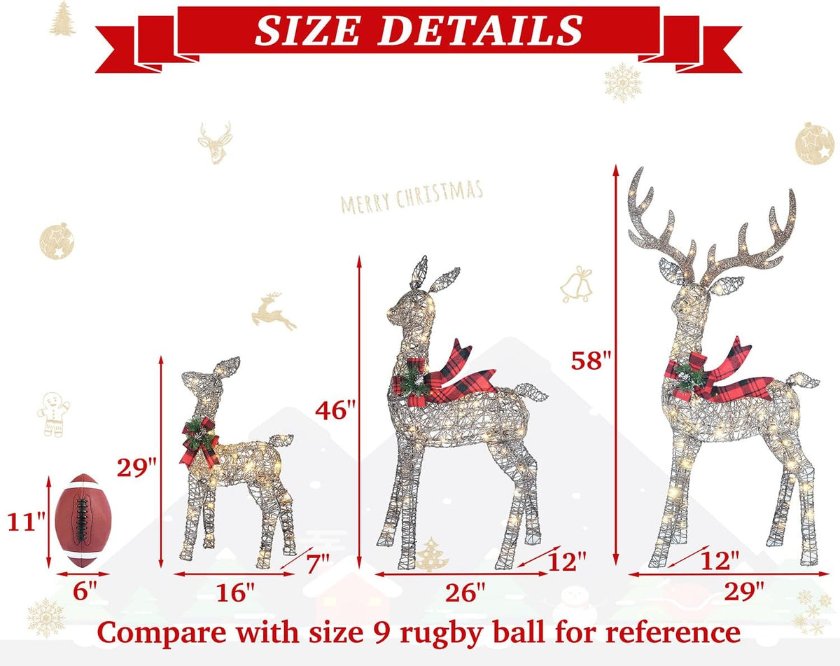 58 Inch 3D Woven Large Lighted Christmas Deer Decorations 3-Piece Outdoor Holiday Decorations Reindeer Set with 210 Warm White LEDs, Large Yard Display for Garden, Storefront
