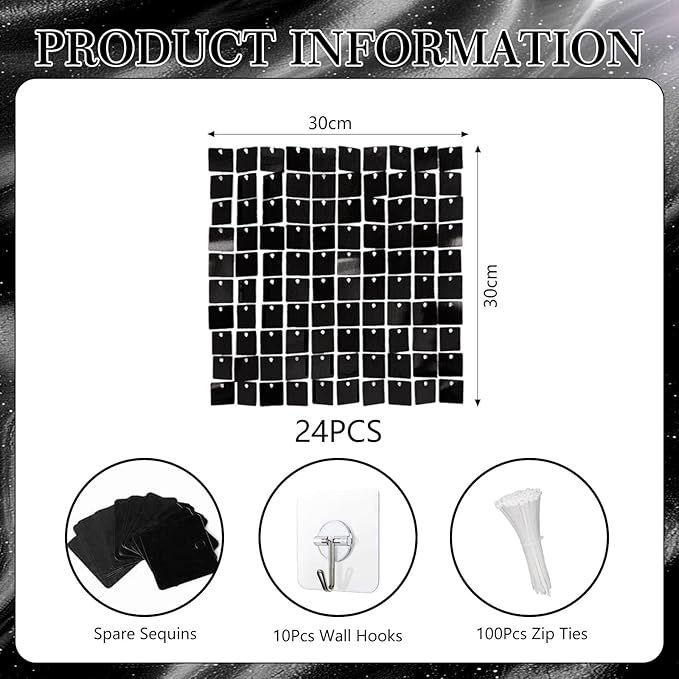 24PCS Black Shimmer Wall Backdrop, Square Sequin Backdrops Panel, Glitter Wall Background for Birthdays, Weddings, Graduation, Engagements, Disco Bachelorette Party Decoration (4FTx6FT)