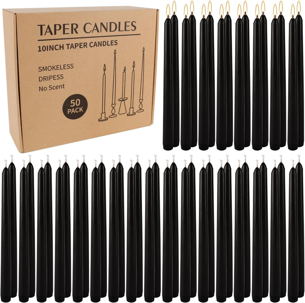 50 Pack Black Taper Candles - 10 Inch Classic Unscented Dinner Candles, Dripl...