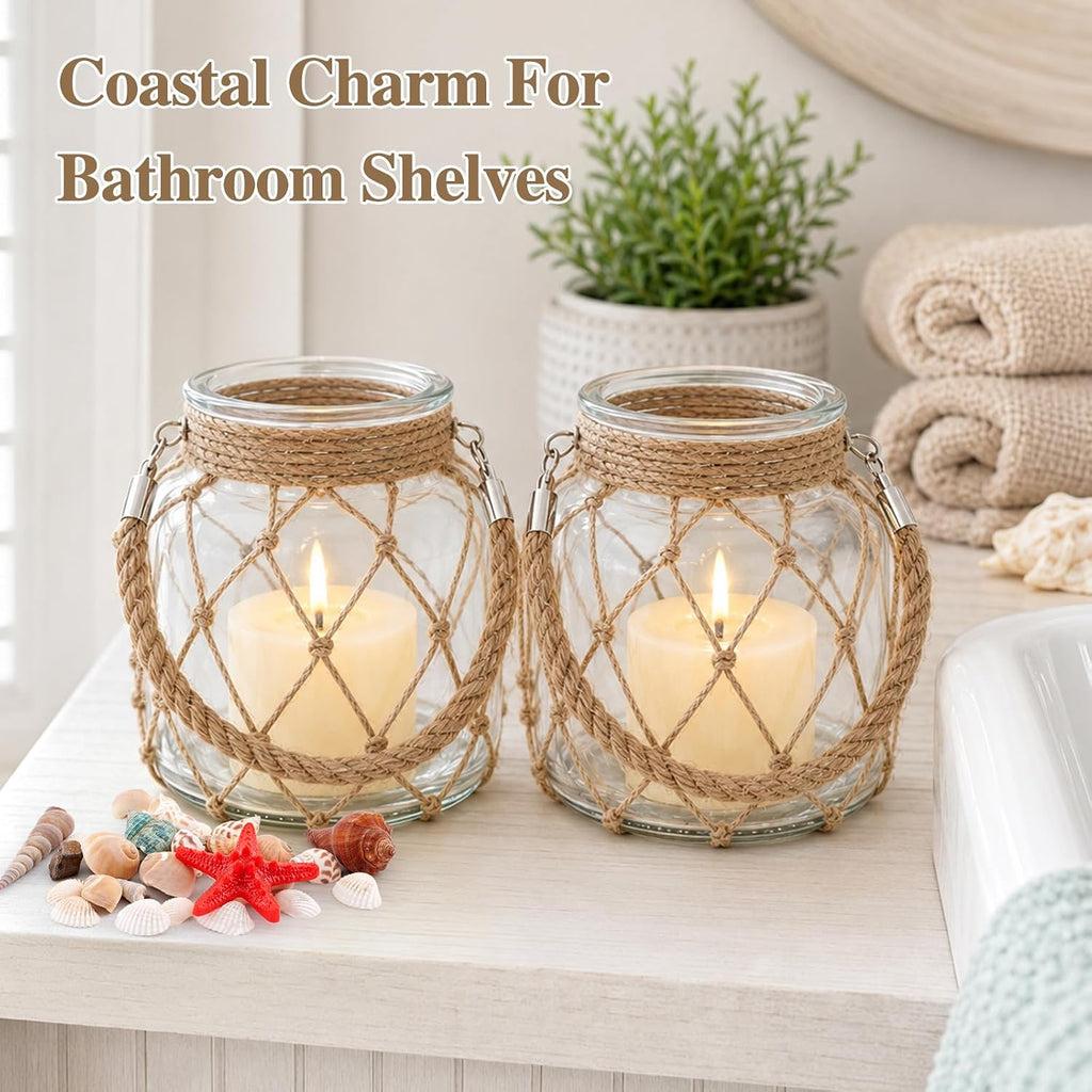 2 Set of Nautical Candle Lanterns, Clear Glass Jar Coastal Decor with Rope Handle, LED Candles, Shells, Red Sea Star for Beach House Decor, Bathroom Table Centerpiece, Wedding Party