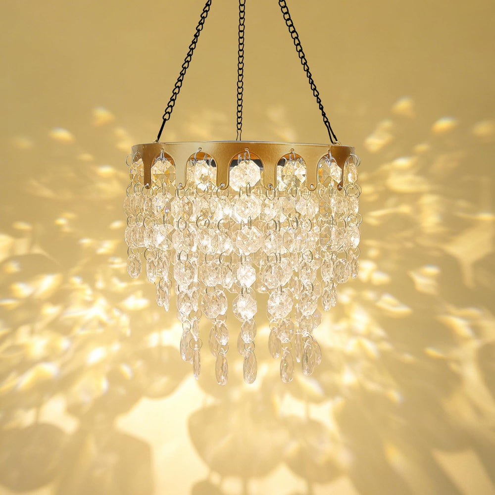 Solar Powered Hanging Chandelier Gold Metal Frame Acrylic Crystal LED Light