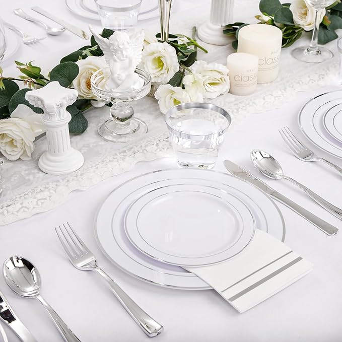 NOCCUR 700PCS Silver Plastic Plates Disposable for 100 Guests - Include 100 Dinner/Dessert White Plastic Plates with Silver Trim,300 Cutlery,100 Cups,100 Napkins for Party&Christmas