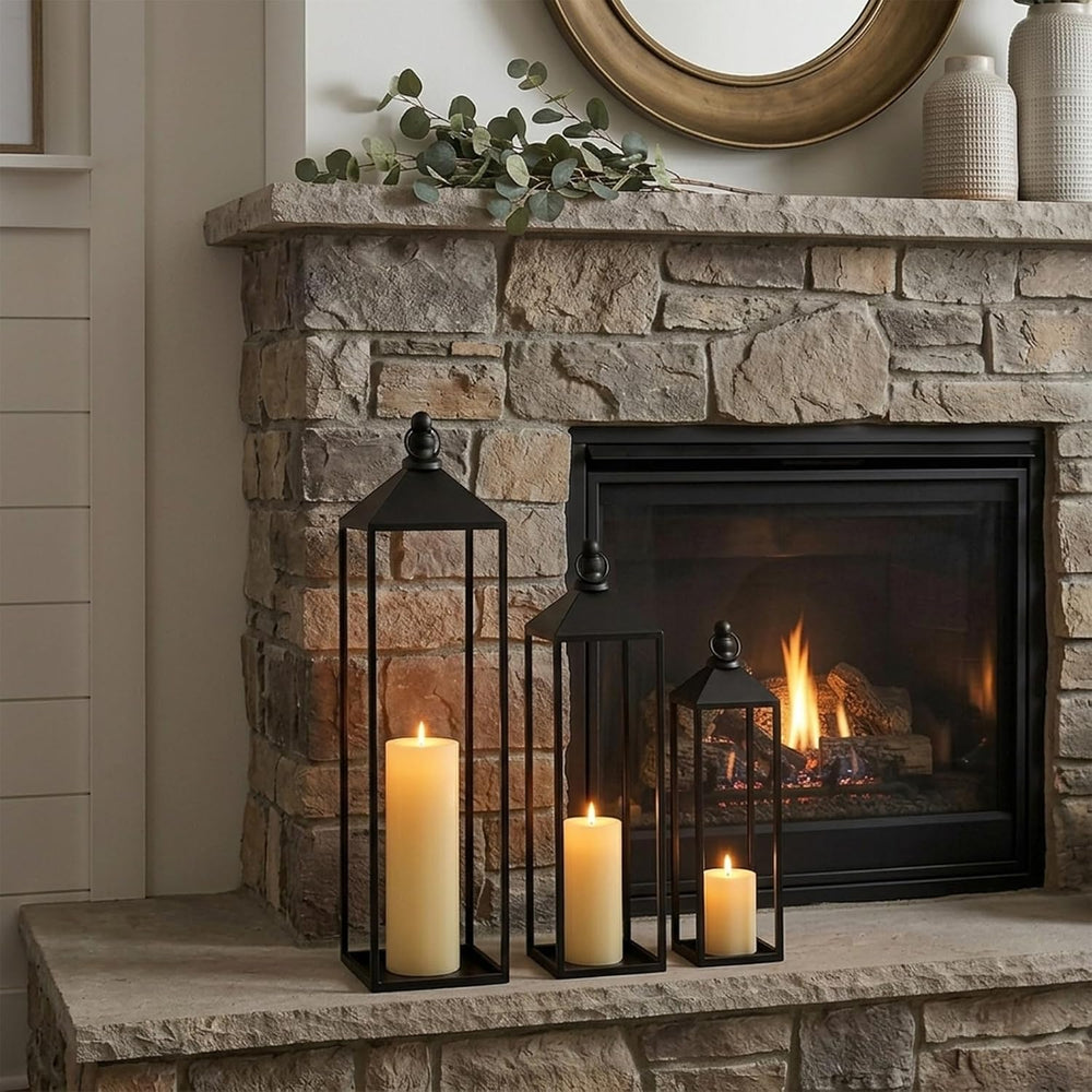 Black Floor Lanterns for Outdoor Indoor, Tall Metal Candle Lantern Set of 3
