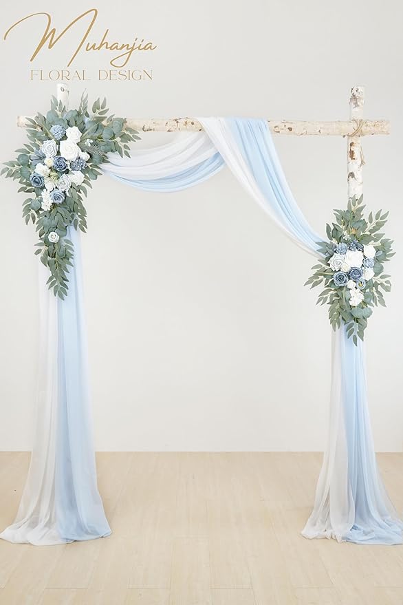 Artificial Arch Flowers Kit(Pack of 4),2Pcs Artificial Flower Arch Decor, 2Pcs Drapes, Ceremony and Reception Background Rose Decoration, Grayish Blue Floral Outdoor Party Decor
