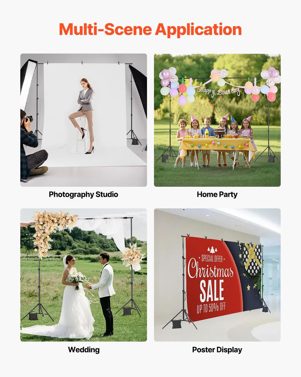 VEVOR Backdrop Stand, 8.5 x 10 ft Adjustable Photo Backdrop Stand Kit, Portab...