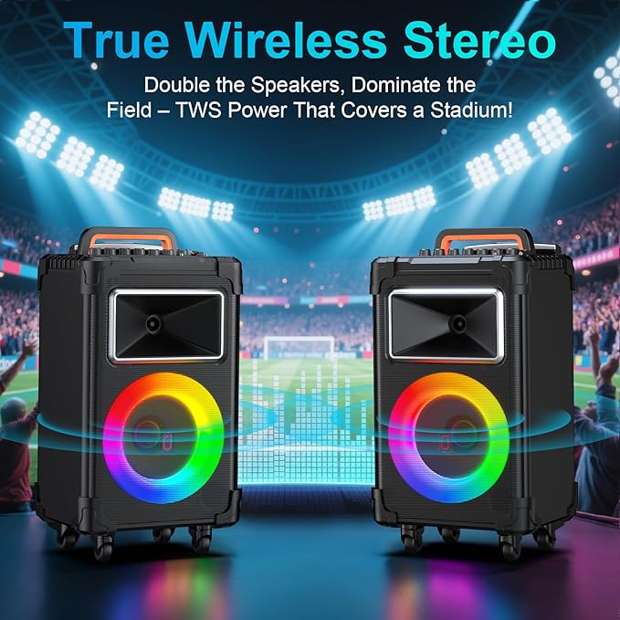 JYX Karaoke Machine with 2 Wireless Mics, 10" Woofer 500W Peak Power Big Portable Bluetooth Speaker with Bass/Treble Adjustment, PA System with Remote Control, LED Lights, Rolling Wheels and Trolley