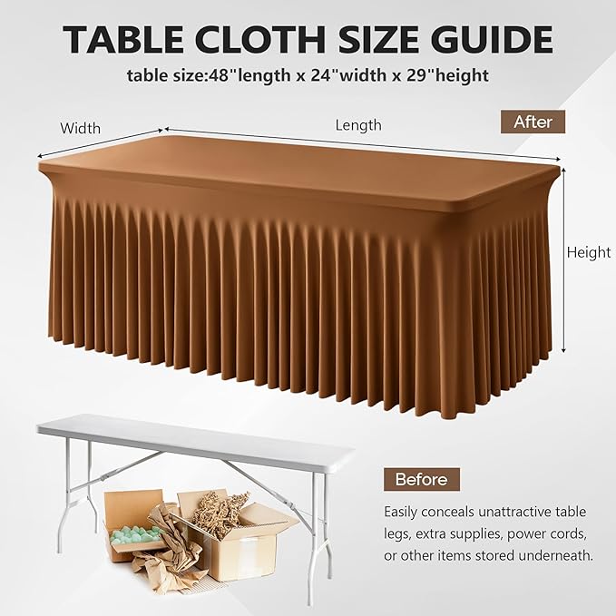 Wish Care 2 Pack Brown Spandex Table Clothes for 4 Foot Rectangle Tables, 4FT Wrinkle Free Fitted Tablecloths Ruffles Design Table Cover for Party, Banquet, Wedding and Events