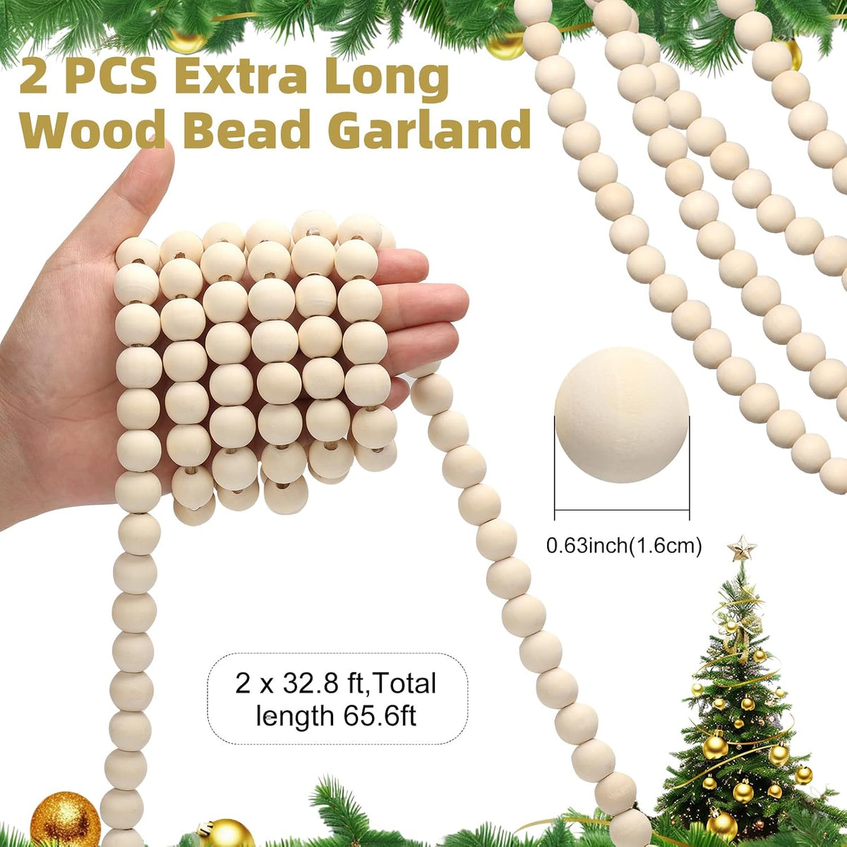 zennex 65.6 ft christmas wooden bead garland 2 shown in use