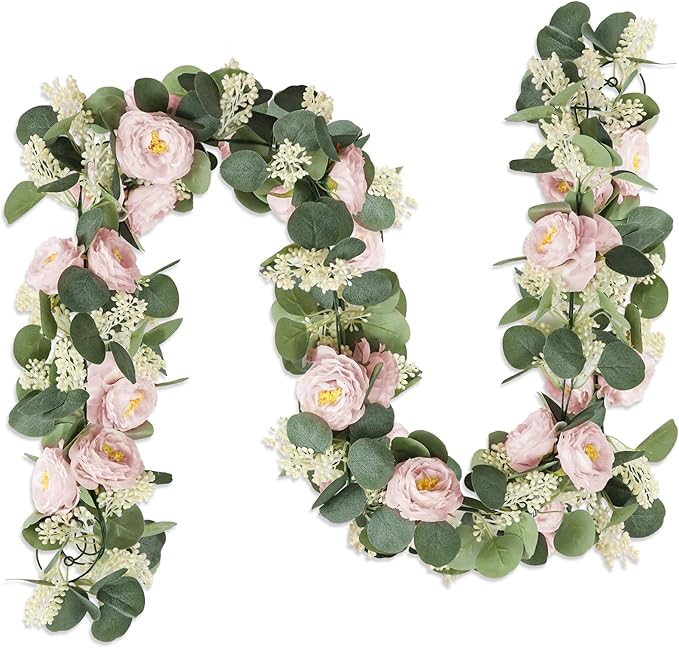 MAKHOT 2 Pcs Pink 6.6Ft Artificial Eucalyptus Garland with Fake Rose Flower Vine (Pink2)