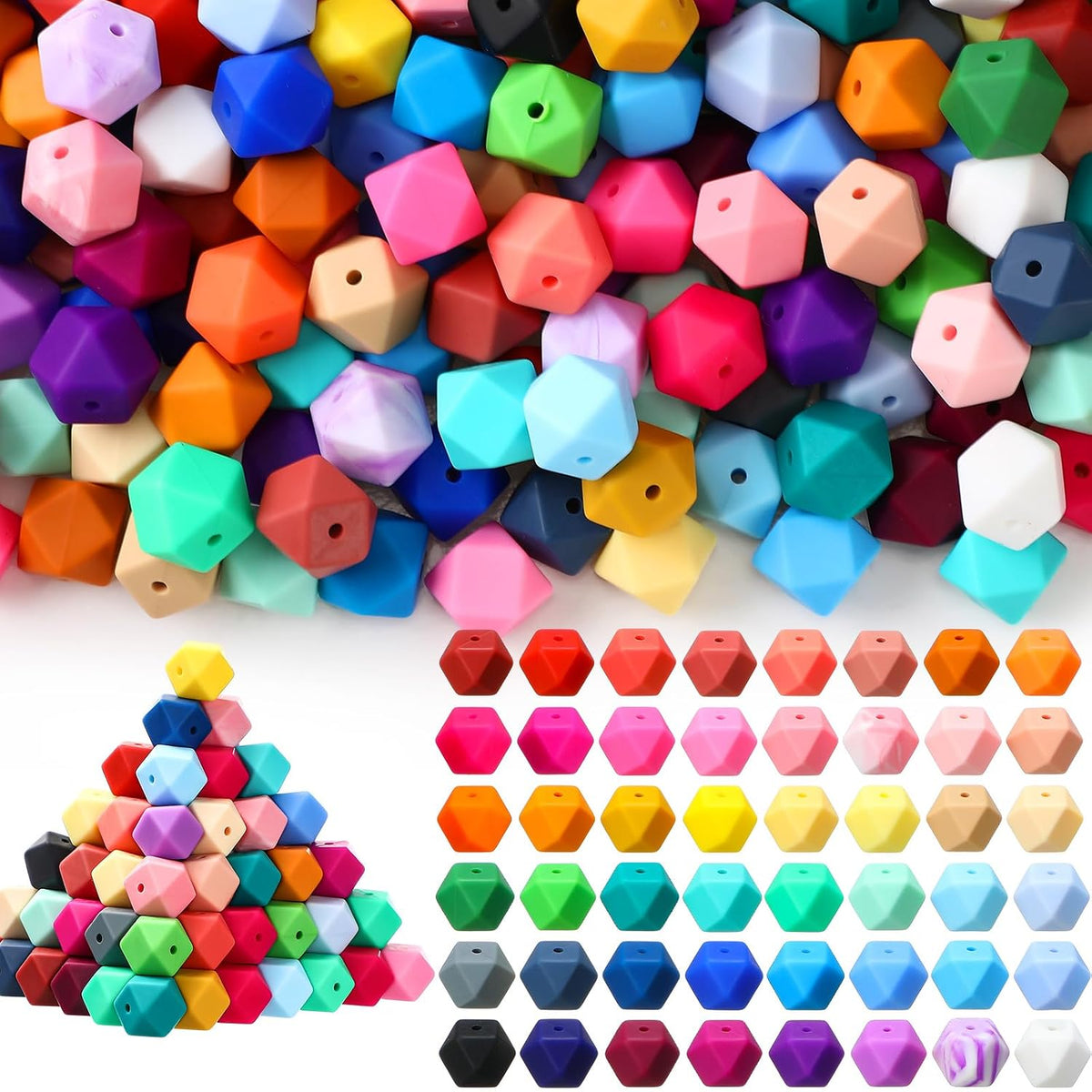 Hotop 288 Pcs Hexagon Silicone Beads Bulk 48 Colors 14mm