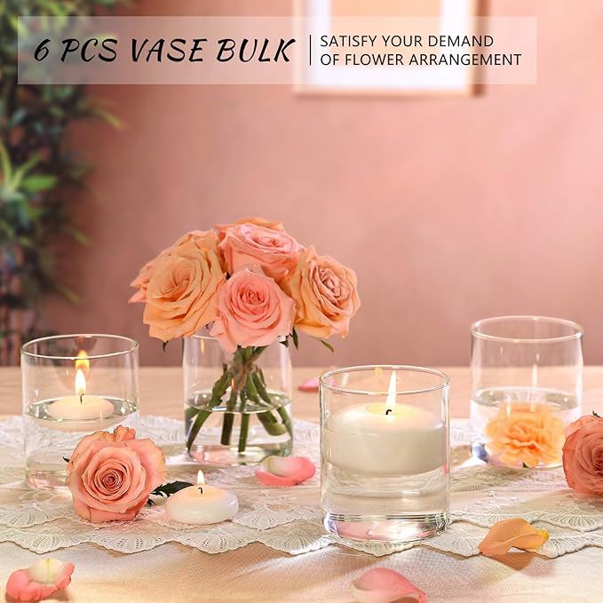 Glass Cylinder Vase Set of 6 for Centerpieces, 5 Inch Short Clear Flower Vases Bulk, Glass Hurricane Candle Holder for Table, Floating Candle Vases for Wedding Home Décor